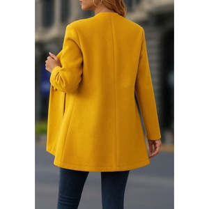 Manteau court en cachemire pour femme, à manches longues, col mandarin, boutonnage frontal, détail poche, 29615 - Jaune - Product Image 3