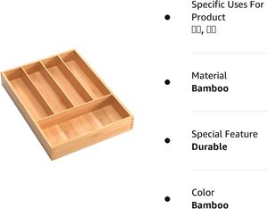 Plateau à couverts en bambou Ustensiles de cuisine Argenterie Couverts Tiroir Organisateur Diviseurs avec 5 Compartiments - Product Image 6