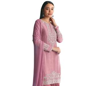 Costume Kurta Sharara en soie rose oignon avec broderie Dana Moti coupée pour femmes tenue de fête de mariage tenue de fête indienne - Product Image 3