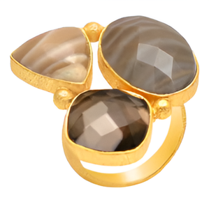 Bague en argent sterling 925 de style classique pour femme Quartz fumé carré avec trois pierres à la mode silex plaqué or - Product Image 6