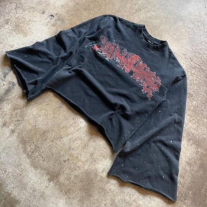 Camiseta gráfica con serigrafía de logotipo personalizado, Camiseta de algodón de manga larga con diamantes de imitación de doble capa lavada desgastada Vintage con bolsillo para hombre - Product Image 6