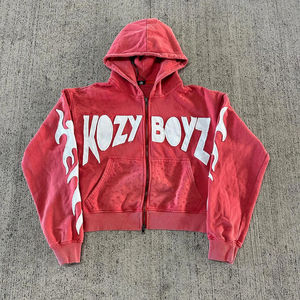 Sweat à capuche zippé pour homme, style streetwear hip-hop, en molleton bouclette, délavé à l'acide, vintage, effet usé, écologique, coupe-vent - Product Image 4