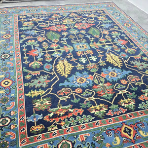 Tapis turc moderne en coton Oushak tricoté à la main bleu ciel Floral Low Pile Pet Friendly Home Design 12x15 & 9x12 Sizes Vintage Carpet - Product Image 1