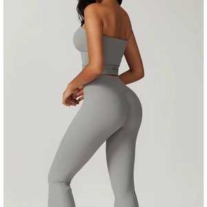Vêtements de sport pour femmes de haute qualité, 2 pièces, yoga, couleur unie, taille élastique, tissu léger et extensible - Product Image 4