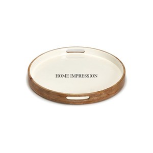 Acacia Wooden Made Round Shape <b>Tray</b> With Metal <b>Black</b> Color Fancy Unique Designer Strip and Handles Modern Creative Serving <b>Tray</b> - Product Image 5