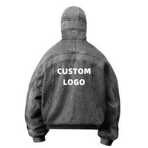 Wholesale Cotton Acid Wash <b>Hoodie</b> Drop Shoulder Custom Printing Full Face Half Zip Heavyweight <b>Ninja</b> Balaclava Hoodies - Product Image 2