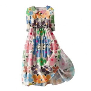 Vestido Maxi de Gala con Estampado Floral, Cuello en V, Cuello de Encaje, Manga Tres Cuartos, Ajuste Holgado, Vestido de Algodón para Mujer, Primavera, Perlas, Estilo Imperio - Product Image 1