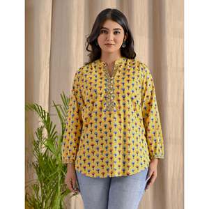Multi Yellow Butti Cotton <b>Top</b> with Front Buttons Breathable Feature - Product Image 1
