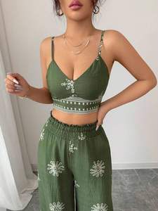 Ensemble de robe décontractée pour femme en deux pièces de qualité supérieure, chemisier court uni tissé, broderie, fournisseur en gros - Product Image 5