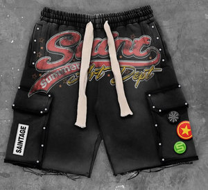 Étoile de haute qualité personnalisée en usine avec la même tendance Impression vintage Ensemble de shorts décontractés à manches courtes pour hommes et femmes d'été - Product Image 5