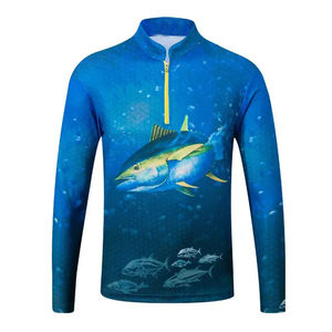 Camisa de Pesca de Manga Larga para Hombre, Estampado de Atún, Protección UV UPF 50, Cierre de Pullover, Estampado Digital Azul, Transpirable, 100% - Product Image 1