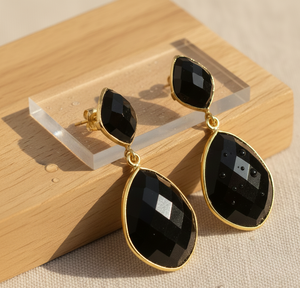 Boucles d'oreilles pendantes en onyx noir, 4,5 pouces, 20 grammes, coupe fantaisie |   Bijoux en argent sterling 925 plaqué or 18 carats avec pierres précieuses - Product Image 3