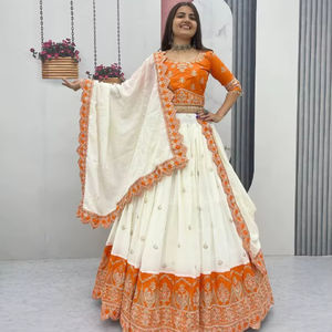 Lahenga Choli Dupatta de Seda Chinon Vintage, Holgado, Largo hasta el Suelo, Verano, Cintura Natural, Bordado, Color Sólido - Product Image 1