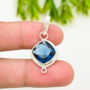 Pendentif en argent sterling plaqué, topaze bleue de Londres de taille coussin, créé en laboratoire, 10x10 mm, 1,60 pouce, élégant, luxueux, pour mariage et fête - Product Image 1