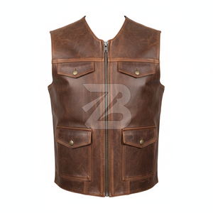 Gilet de motard en cuir véritable pour homme, couleur cognac, col à revers, fermeture éclair sur le devant, gilets et vestes OEM à marque privée - Product Image 3