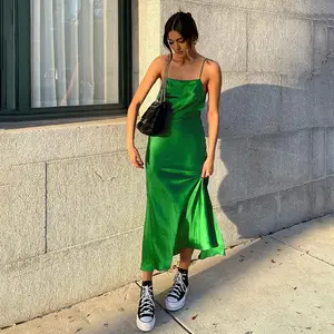 Summer Casual Dresses Women Elegant Sexy Green Satin Silk Backless Slit Designer Dress Digital Printing Woven Adults Strapless