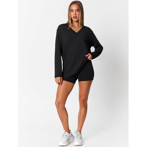 Custom Wholesale Women Long Sleeve V-Neck T-<b>Shirt</b> Loose Fit Oversized Cotton Solid Color Casual Drop Shoulder Pullover Tops - Product Image 2