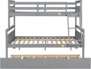 Solid Wood Twin Full Size <strong>Bed</strong> Frame <strong>Trundle</strong> Gray Safety Guardrails Ladder Sturdy <strong>Slats</strong> Space Saving Design No Spring Box Needed