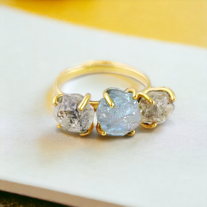 Pierre de naissance naturelle Herkimer Diamant et Pierre de lune arc-en-ciel Anneaux bruts Bague en pierres précieuses artisanales en gros - Product Image 1