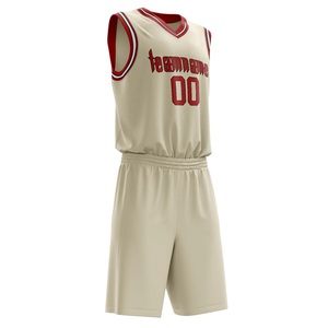 Uniforme de baloncesto beige personalizado para hombre, Conjunto de jersey y pantalones cortos con ribete rojo para ropa deportiva disponible con nombre de equipo e impresión de números - Product Image 3
