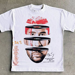 100% algodón suelto cuello redondo Vintage manga corta Camiseta de gran tamaño para hombres Jersey Casual con patrón impreso - Product Image 2