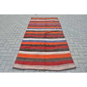Alfombra turca Vintage clásica naranja marrón hecha a mano 4x8,3 pies diseño de retazos altura de pelo de felpa para dormitorio con respaldo de látex - Product Image 1