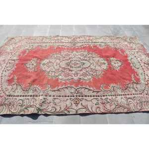 Turkish Vintage Rug, Large 6.1x9.5 ft (185x290 cm) Rug, <b>Red</b> Ikat <b>Wool</b> Rug - Product Image 3
