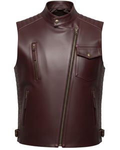 Gilet de motard en cuir véritable marron de qualité supérieure pour homme, sans manches, col montant, fermeture éclair asymétrique, avec poches utilitaires - Product Image 2