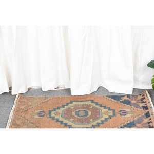 Kilim 1,3 X 2.7ft Naranja Azul Tejido plano Alfombra turca Jacquard Técnica Felpa Pila Altura Viscosa Lana Patchwork para pasillo - Product Image 2