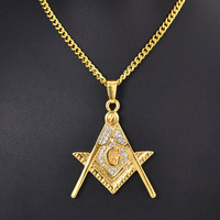 Colliers maçonniques en acier inoxydable plaqué or 18 carats avec chaîne à maillons géométriques et zircon, faible MOQ (10 pièces), vente en gros, cadeau
