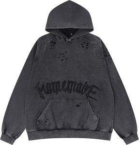 เสื้อมีฮู้ดแนวสตรีทแวร์วินเทจเสื้อฮิปฮอปปักลายขาดระบายความร้อน - Product Image 1