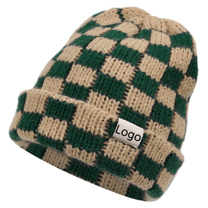 Custom Logo <b>Winter</b> Warm Outdoor Ski Beanie <b>Hat</b> Elastic Knit Checkerboard Checkered Printed Digital Manufacturer's Product - Product Image 2
