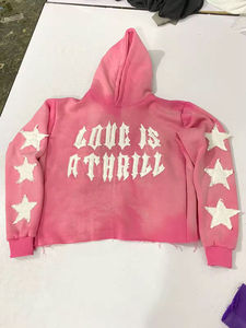 Sudadera con Capucha Personalizada de Algodón Cortada, Desgastada, con Apliques Bordados, Estilo Vintage, Holgada, Lavada al Ácido y Decolorada por el Sol - Product Image 5