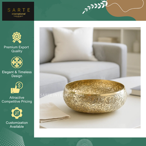 Venta a granel cuenco decorativo de latón hecho a mano intrincado grabado tallado elegante acabado moderno pieza central personalizable fruta - Product Image 2