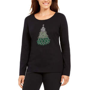 เสื้อยืดลำลองพิมพ์ลายวันหยุดสำหรับผู้หญิง Karen Scott สีดำ ไซส์เล็ก สำหรับฤดูหนาว - Product Image 1