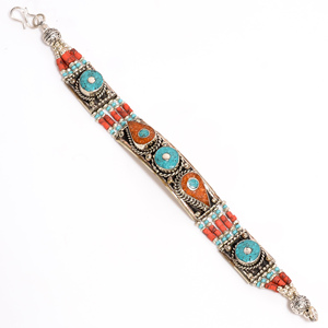 Bracelet de pierres précieuses Lapis Turquoise naturelle, Bracelet antique népalais en argent tibétain, fabricant de bijoux en argent fin - Product Image 2