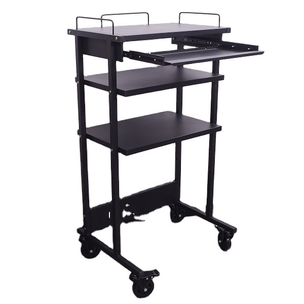 3 Layer Matte Black Metal KD Structure Work Cart with Drawer and 4 Wheels Adjustable Height Rolling Table