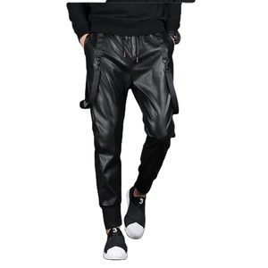 Men's High Waist Faux Leather Sweatpants Street Style <b>Hip</b> Hop Ankle Cuffed Jogger Pants with Drawstring Elastic Casual Trousers - Product Image 1