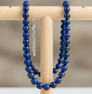 Collier en argent 925 de 18 pouces pour femmes perles de pierre Lapis Lazuli nouées à la main conception géométrique colliers de perles de mode en or 24 carats - Product Image 6