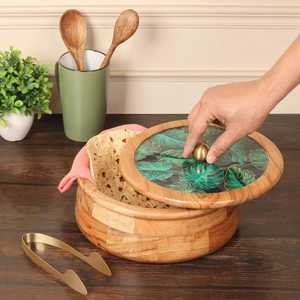 Luxury Mango Wood Chapati Box Decorative Printed <b>Glass</b> Lid Roti Casserole With Tongs Kitchen Food Storage <b>Serving</b> <b>Bowl</b> Tableware - Product Image 1