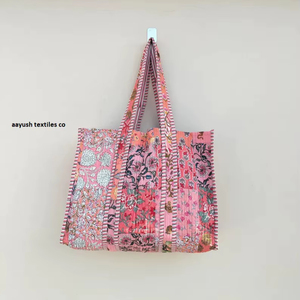 Cotton Quilted Boho Floral Hand Block Printed Sustainable <b>Tote</b> <b>Bag</b> for Women-<b>Beach</b> Travel & Gift Use, Christmas Gifts, Wedding - Product Image 1
