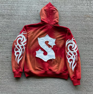 Treet Wear Haute Qualité Zipper Hoodie Détresse Broderie Soleil Fade Acide Lavage Strass Agrémenté Manches Imprimé Polaire - Product Image 4