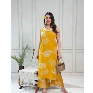 Meilleur Kurti en rayonne imprimé, coupe trapèze, sans manches, style cordset, élégant, décontracté, ethnique, pour femme, pour la maison, le bureau et la mode quotidienne - Product Image 1