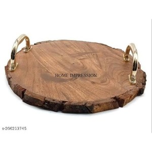 Heavy Duty Metal Silver Color Shiny Polished Unique Designer Handles Round Shape Acacia <b>Wooden</b> <b>Tray</b> <b>Table</b> Centerpiece From India - Product Image 4