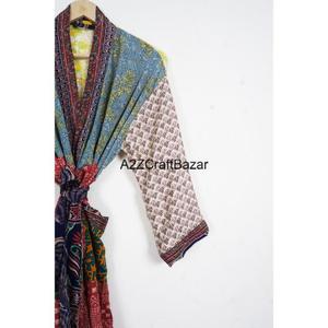 Kimono long en soie 100% fait main pour femmes, de haute qualité, patchwork vintage, robes de demoiselle d'honneur, col en V, fermeture à cordon - Product Image 3