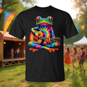 เสื้อยืดลายกบเล่นกีตาร์ลายไท-ไดสไตล์ฮิปปี้พร้อมสัญลักษณ์สันติภาพ งานฝีมือสิ่งทอสไตล์เรโทร - Product Image 3