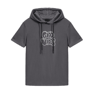 Sweat à capuche gris à manches courtes en éponge française pour hommes avec impression personnalisée et cordes à capuche à vendre - Product Image 1