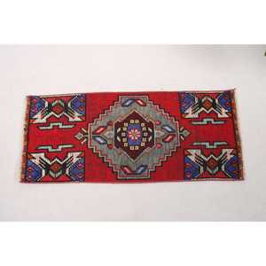 1.3x3 ft Small Vintage Rug, Turkish Rug, <b>Red</b> Blue Solid <b>Wool</b> Rug - Product Image 5