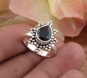 925 Sterling Silver Unique Handmade Teardrop <b>Ring</b> for Women <b>Black</b> Onyx Cluster Style Gemstone with Classic Bezel Setting - Product Image 2