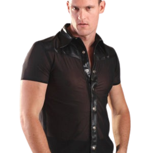 Chemise en cuir avec garniture en nylon pour homme Noir Manches courtes Faux cuir Fétiche Bouton devant Club Top - Product Image 3